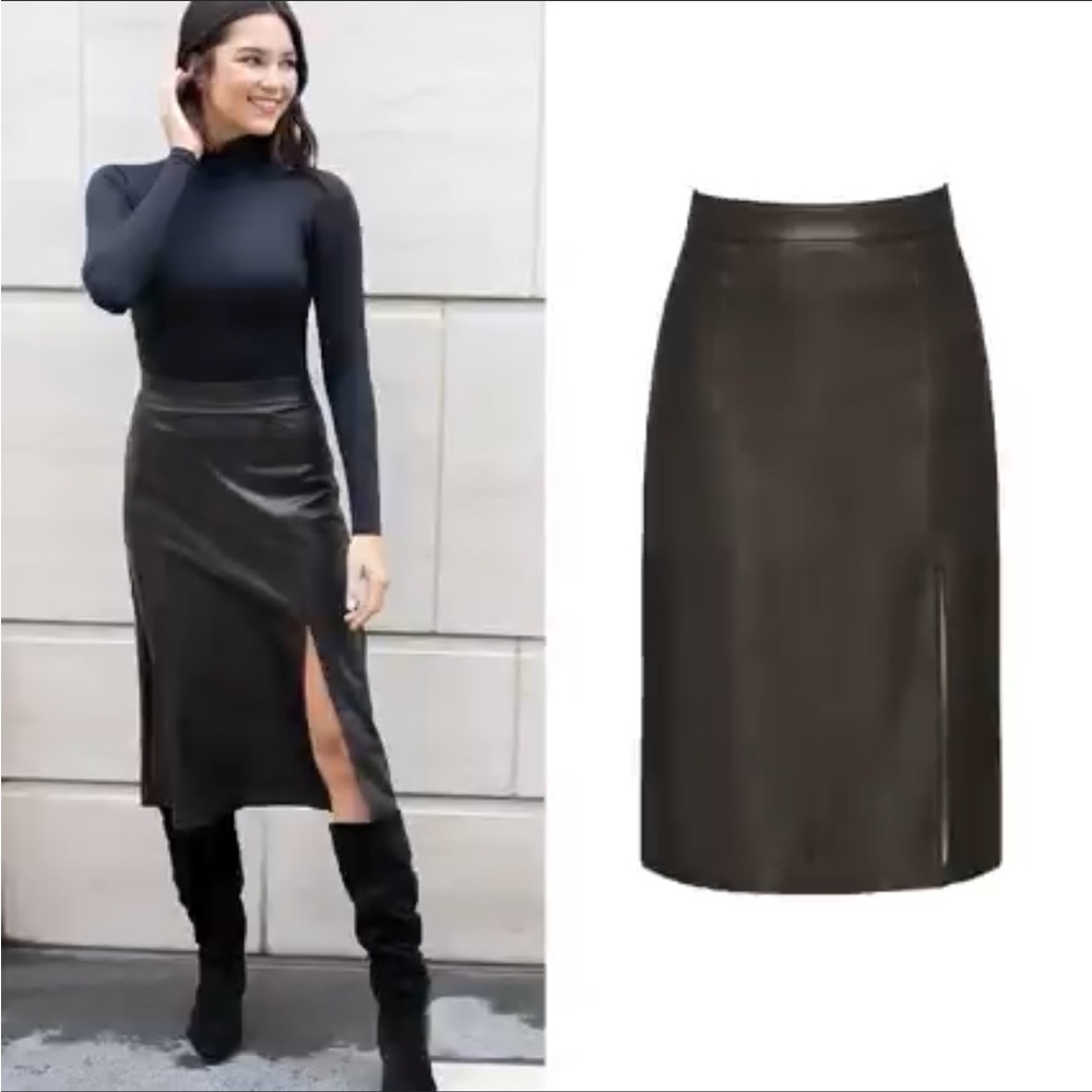 🎁 🆕 SPANX Blk Leather Like Midi Skirt sz Lg